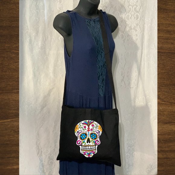 Skull Catrina Cotton Canvas Crossbody Messenger Tote Bag with Long Strap - Picture 2 of 4